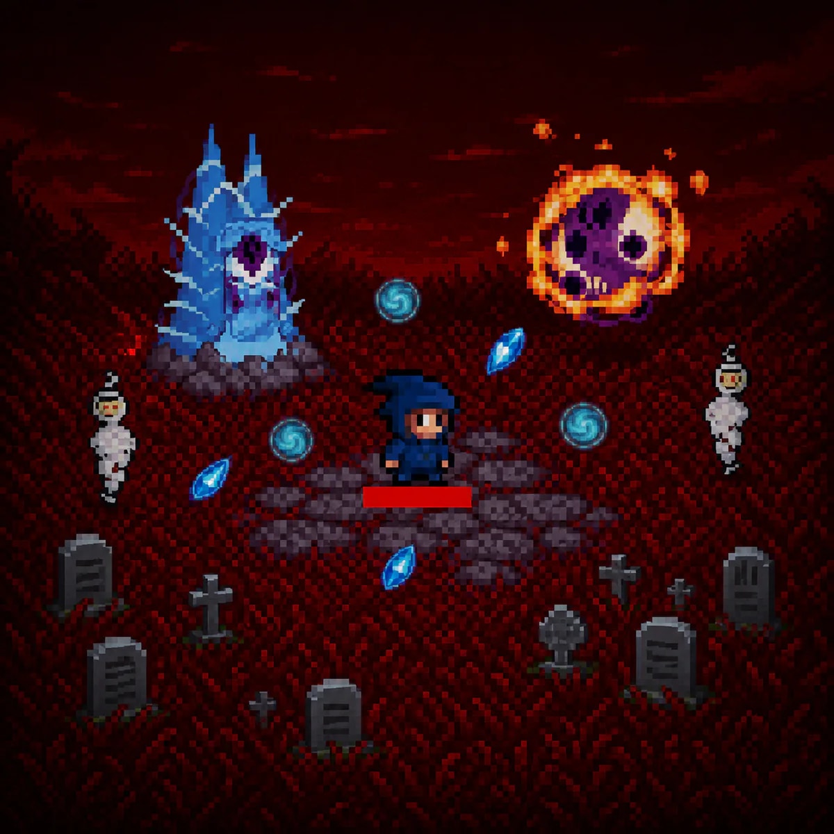 Darkness Descends pixel-art adventurer surrounded by supernatural enemies