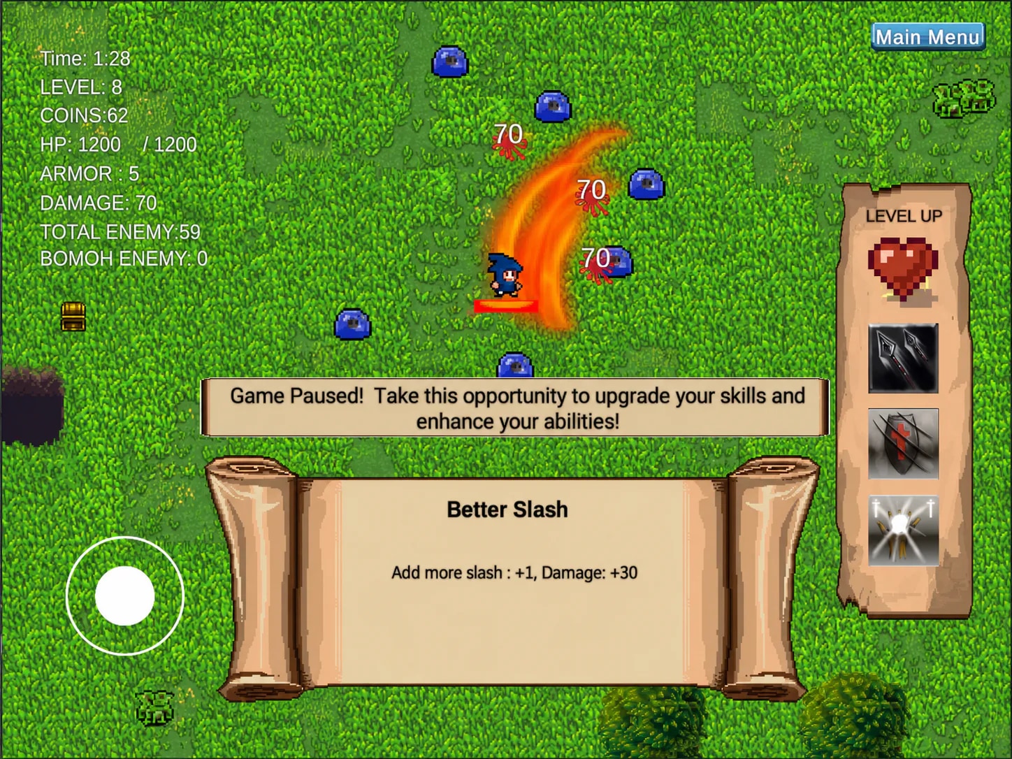 Darkness Descends level-up screen with upgrade choices